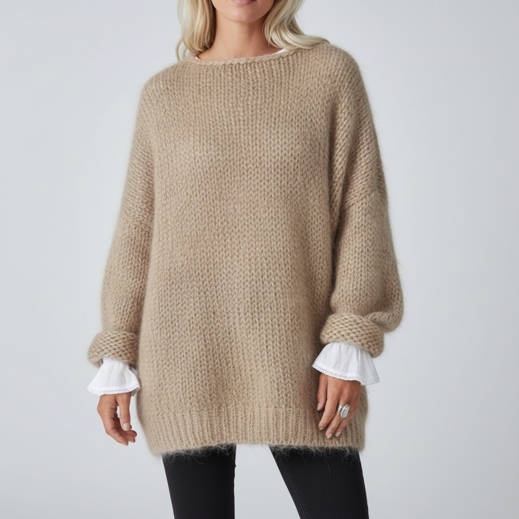 Versatile women's oversized casual sweater, relaxed fit knit jumper ideal for layering & everyday wear.