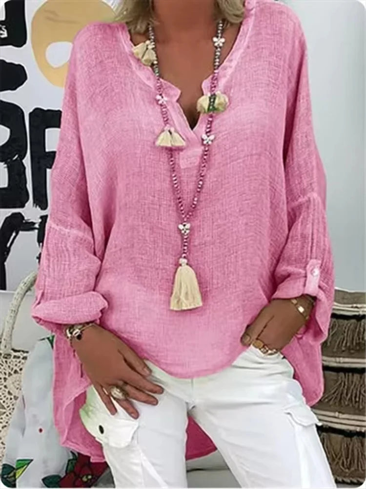 Relaxed fit women's flowy blouse, an elegant oversized top ideal for summer and beach cover-up.
