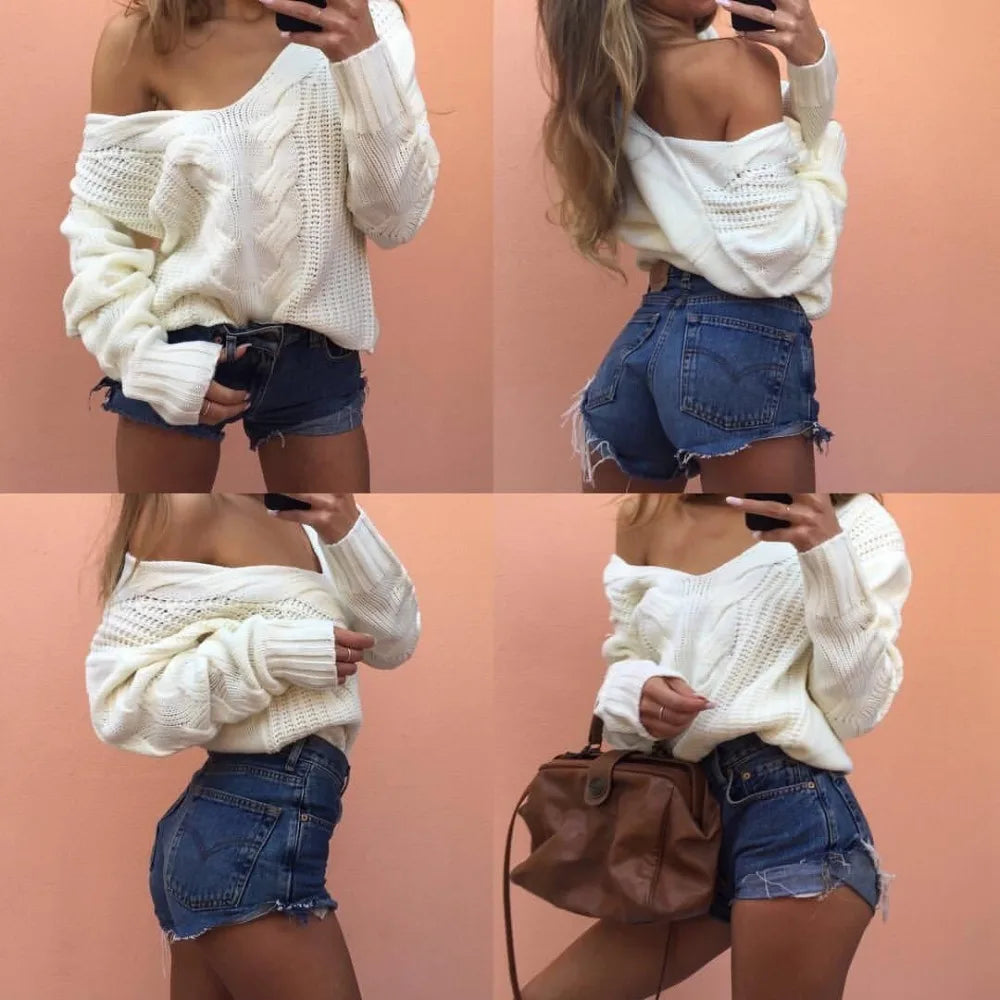 Women's cozy oversized knit sweater. Stylish long sleeve, round neck jumper for autumn fashion & winter comfort.