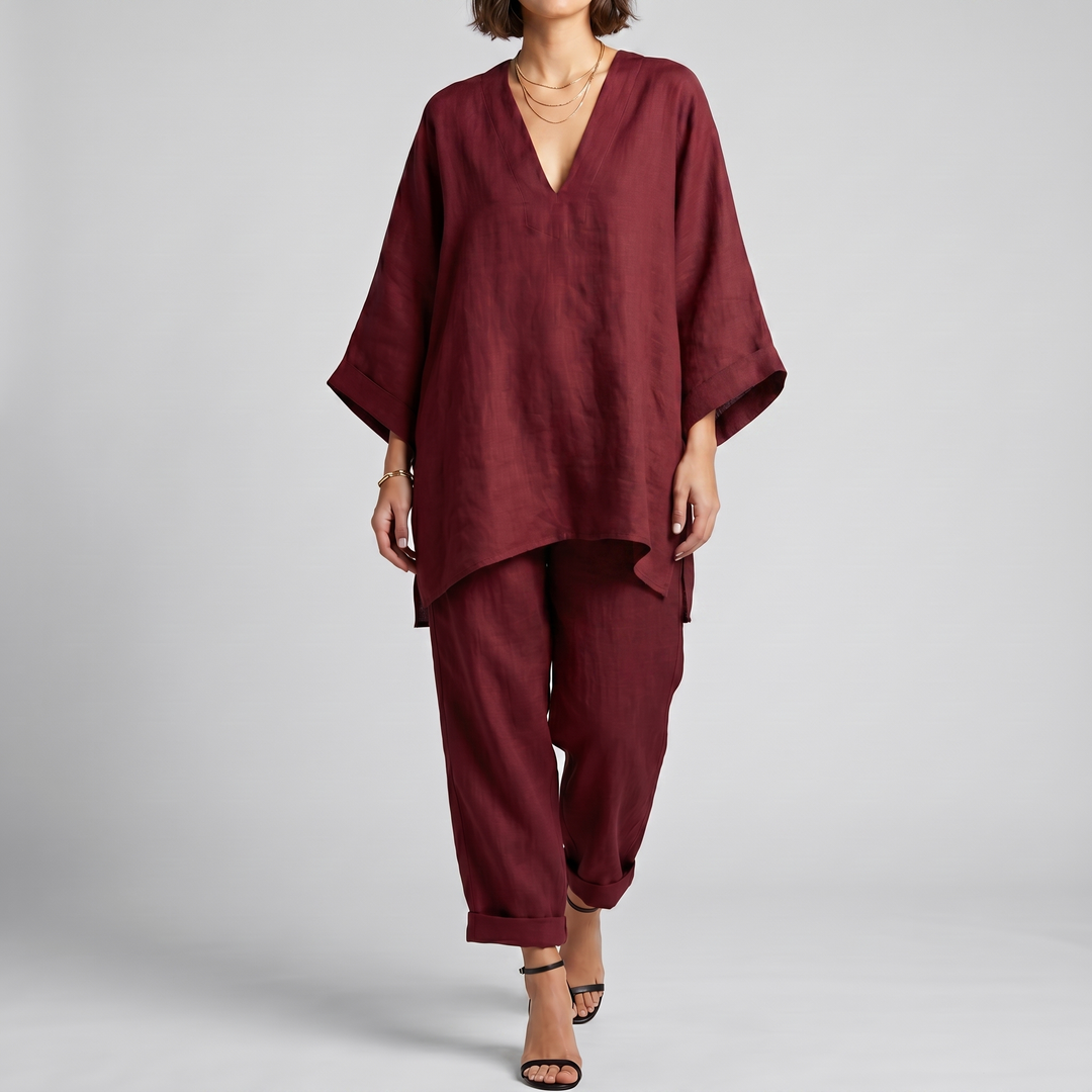 Chic linen blend resort wear tunic for women, featuring a flowing oversized fit and elegant batwing sleeves.