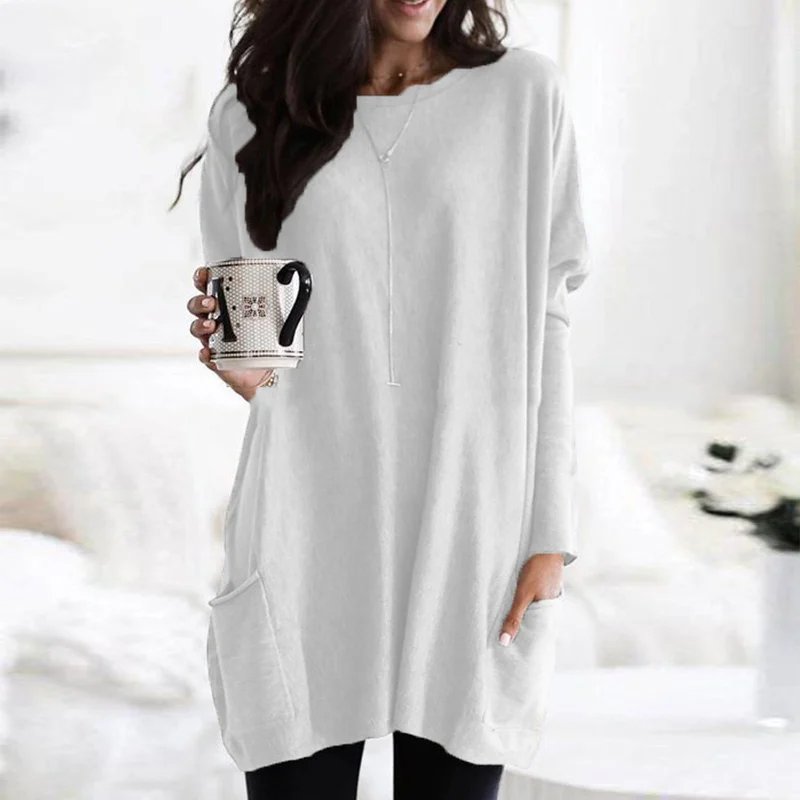 Soft & comfortable women's oversized long sleeve tunic with pockets, great for casual layering and daily wear.