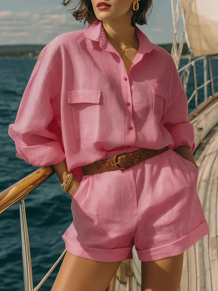 Women's oversized long sleeve two-piece matching set in a casual, comfortable style, perfect for summer vacation beachwear.