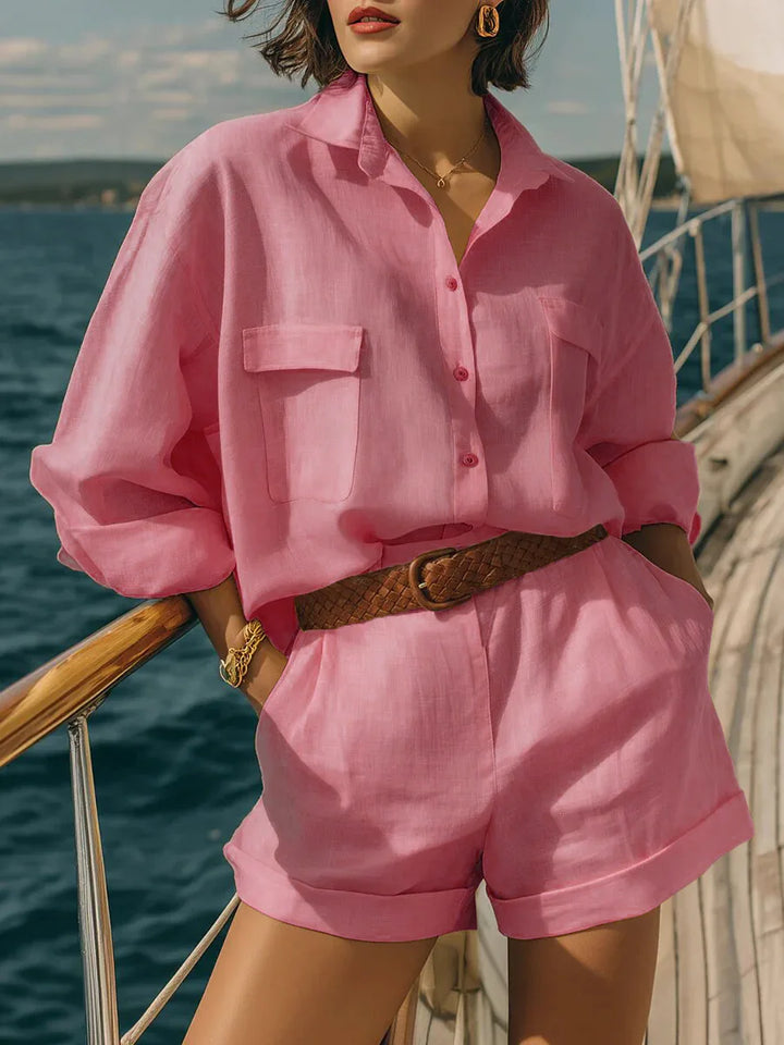 Women's oversized long sleeve two-piece matching set in a casual, comfortable style, perfect for summer vacation beachwear.