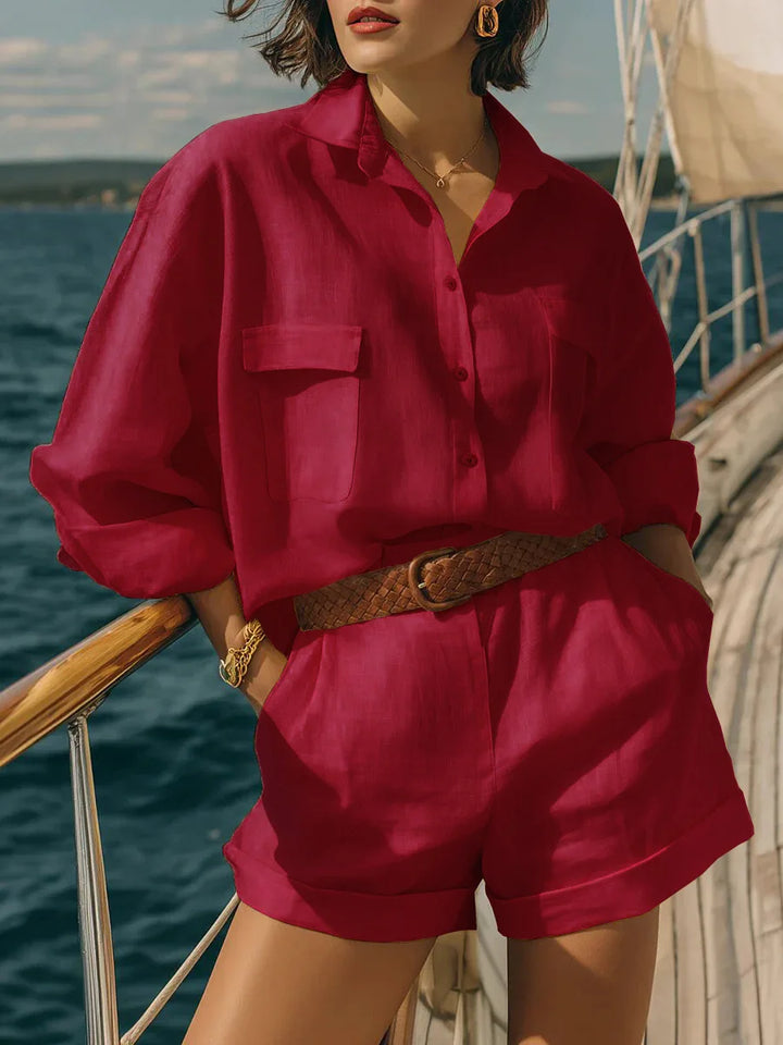 Lightweight women's casual matching set with long sleeves, ideal as a two-piece outfit for beach or relaxed summer wear.
