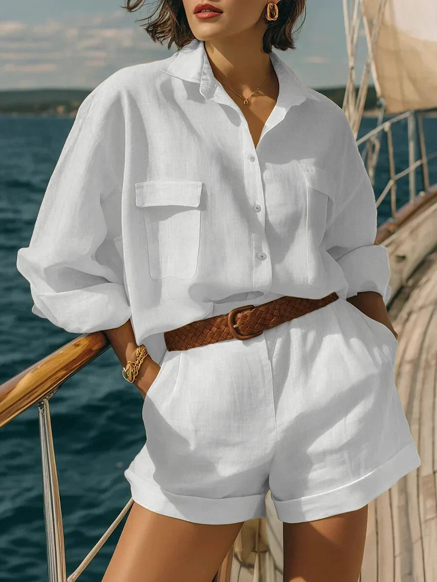 Comfortable women's two-piece long sleeve top and pant matching set, great for casual vacation or lightweight beachwear.