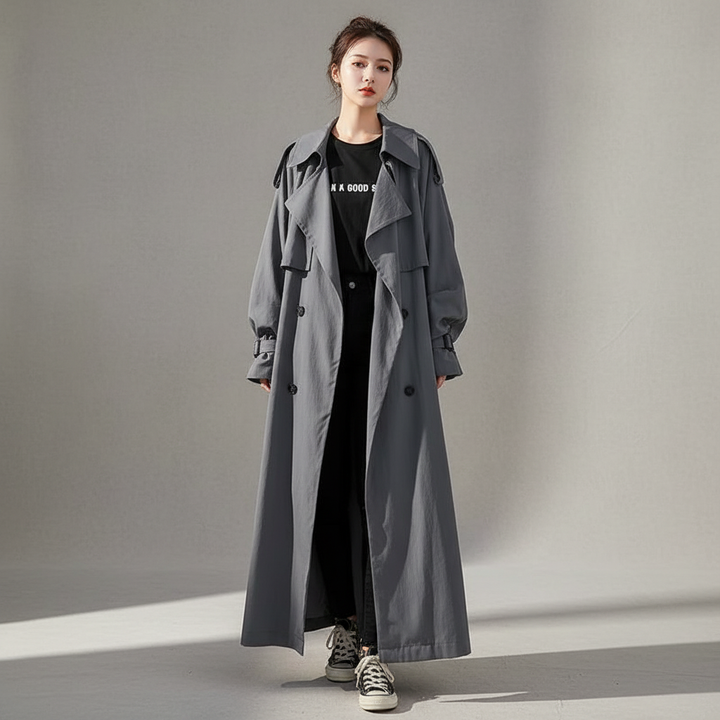 Women's oversized long trench coat in Scarlett. Elegant, loose fit fall outerwear for a chic and comfortable style.