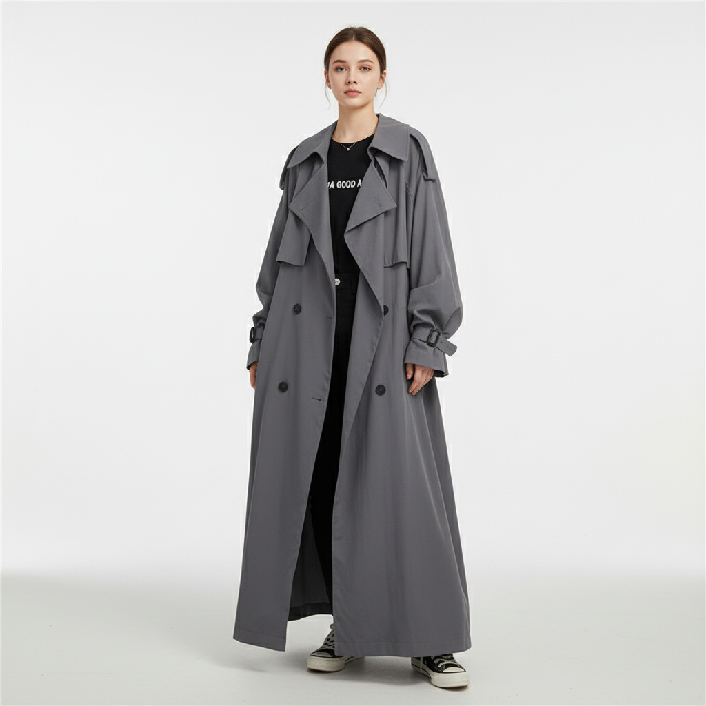 Versatile oversized long trench coat for women. Chic fall/winter fashion, featuring an elegant loose fit.