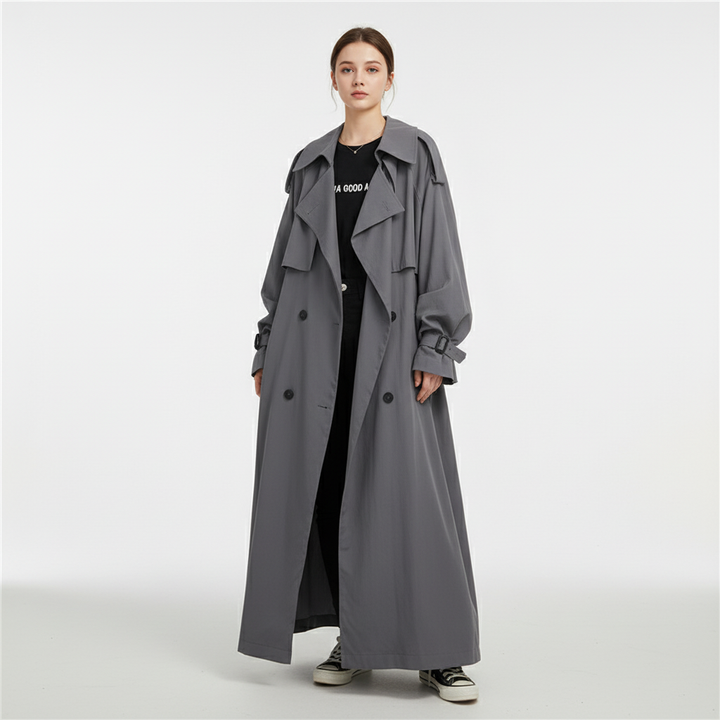 Versatile oversized long trench coat for women. Chic fall/winter fashion, featuring an elegant loose fit.