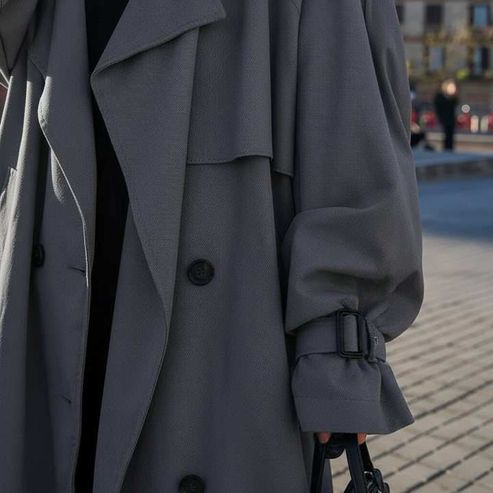 Scarlett oversized long trench coat for women. A fashionable loose fit jacket, perfect for fall and winter style.