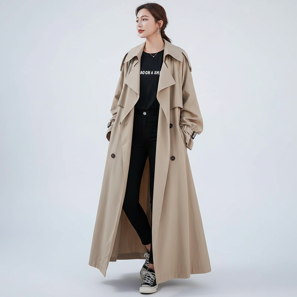 Elegant women's oversized trench coat. Long, loose fit fall outerwear, perfect for a chic and sophisticated look.