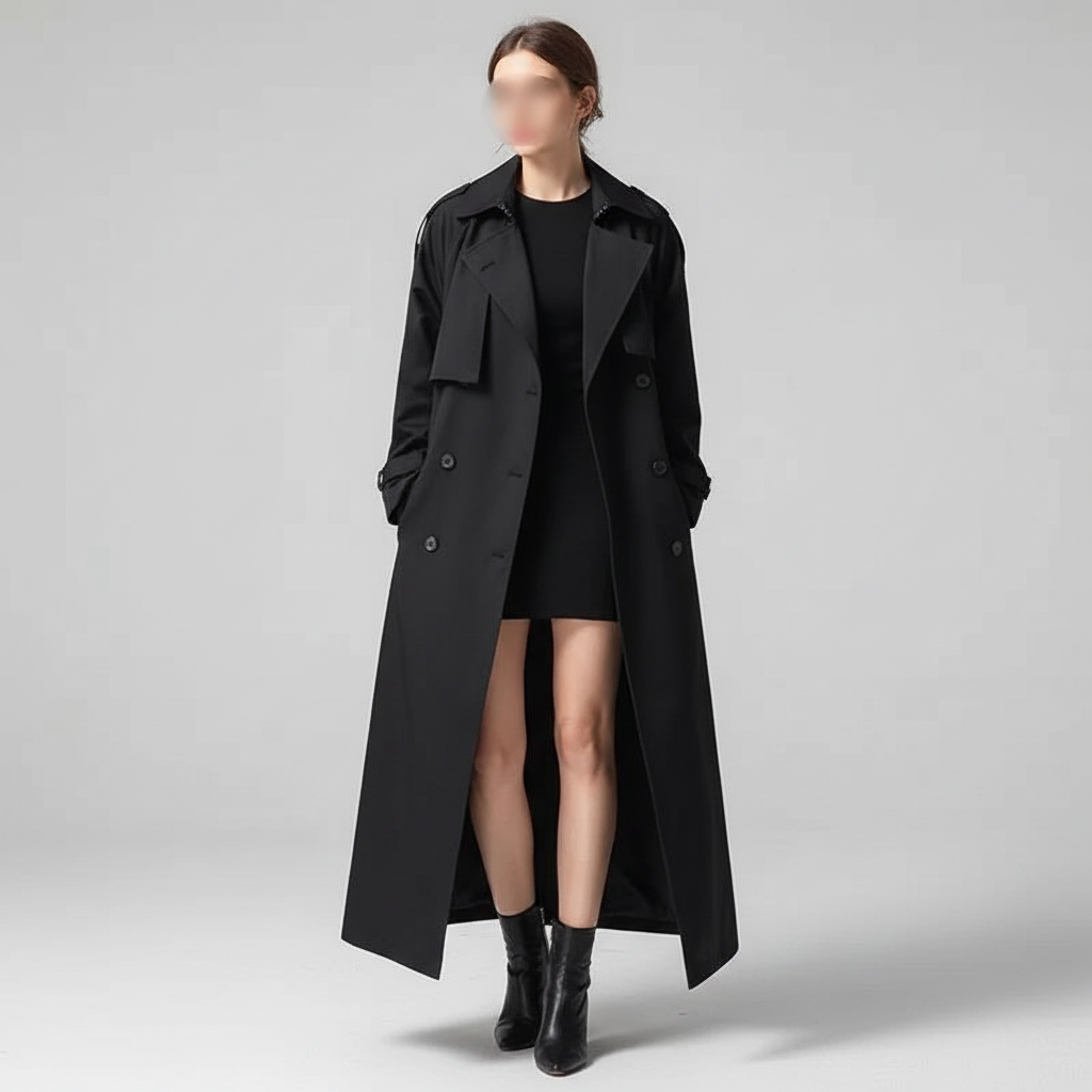 Chic Scarlett oversized long trench coat. Women's loose fit outerwear, perfect for elegant fall and winter fashion.