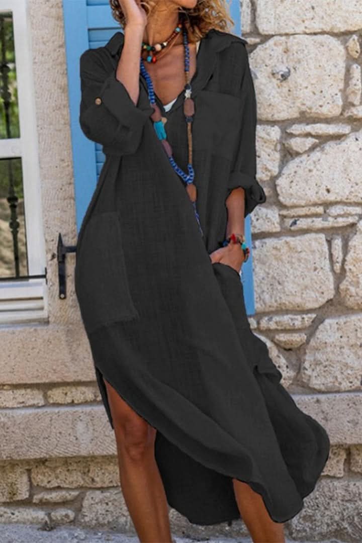 Women's oversized midi shirt dress with V-neck & pockets, perfect for casual boho summer style.