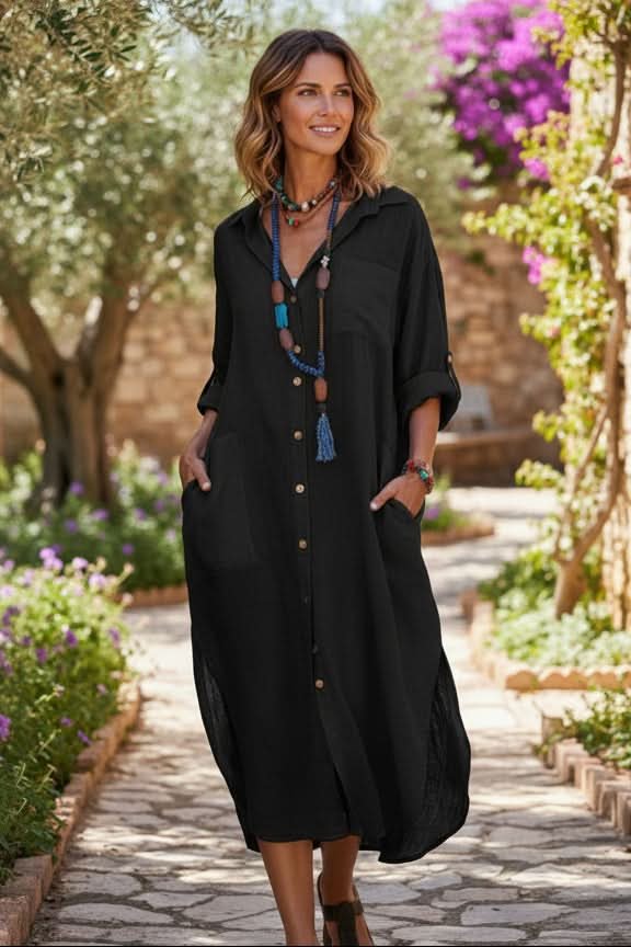 Flowy oversized midi shirt dress for women, ideal as a casual summer dress or beach cover-up.