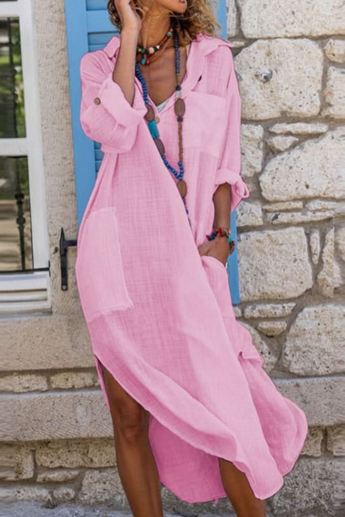 Comfortable women's boho midi shirt dress. Oversized fit, V-neck, great for casual evenings or vacation.