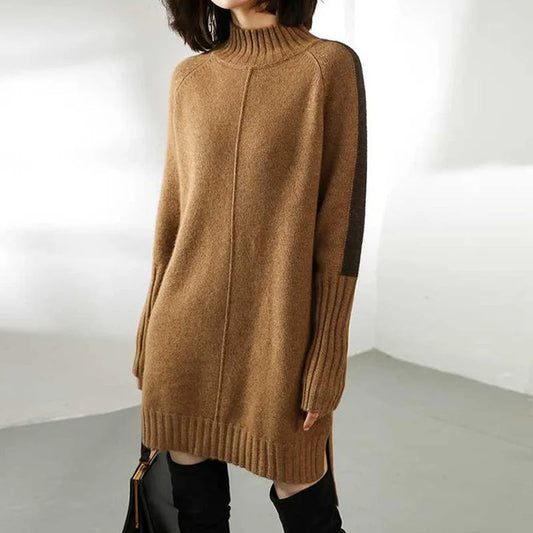 Women's oversized mock-neck sweater dress in a cozy, relaxed fit with ribbed trim, perfect for fall and winter.