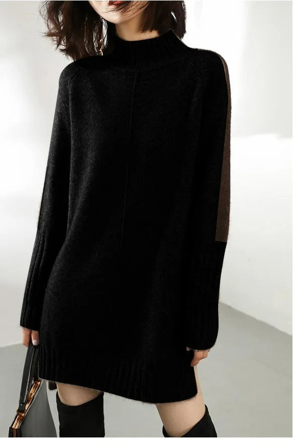 Effortless women's oversized mock-neck sweater dress with ribbed details, a versatile and cozy choice for fall fashion.