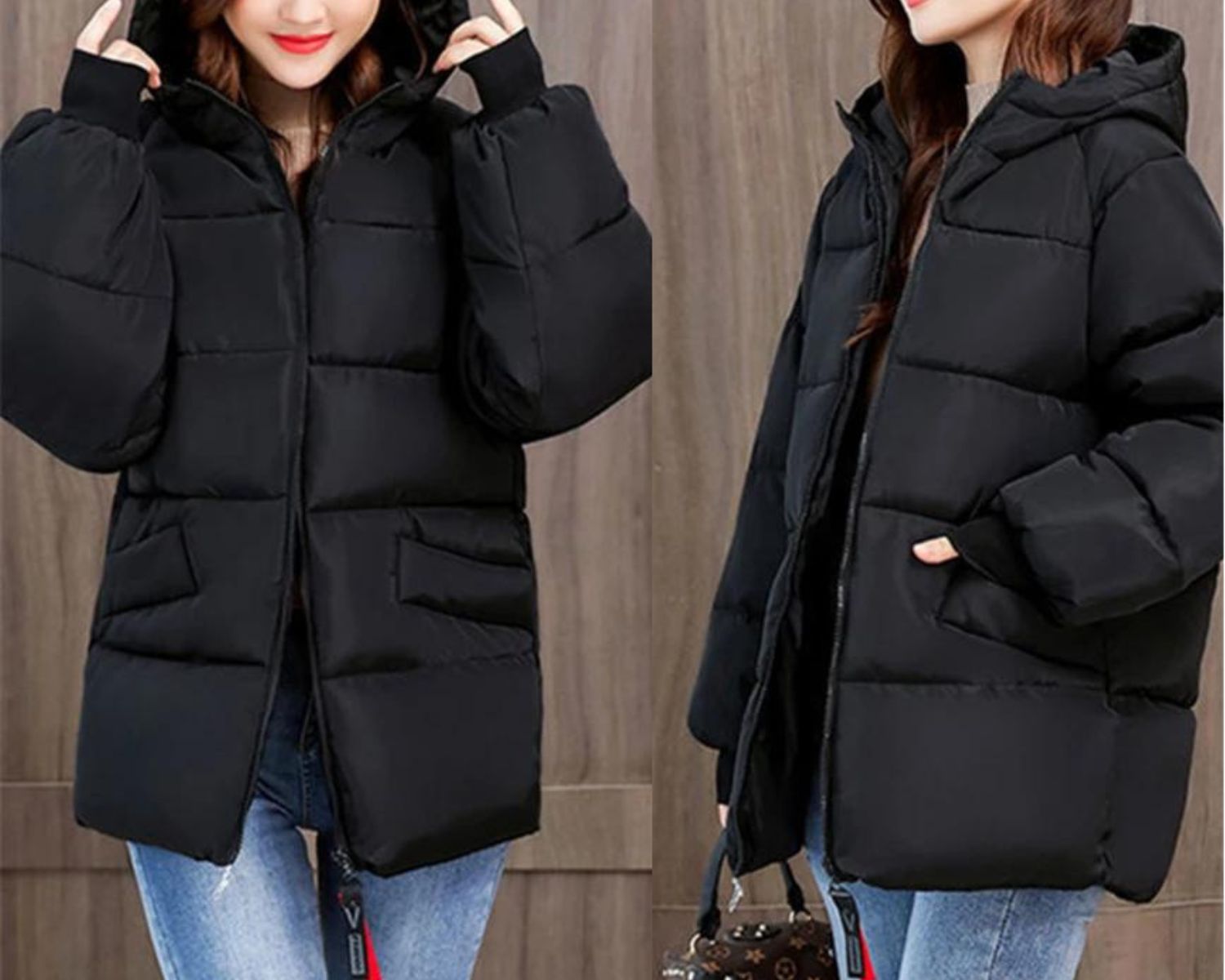 Chic ladies' oversized puffer jacket, with a cozy hood, ideal for a comfortable winter look.
