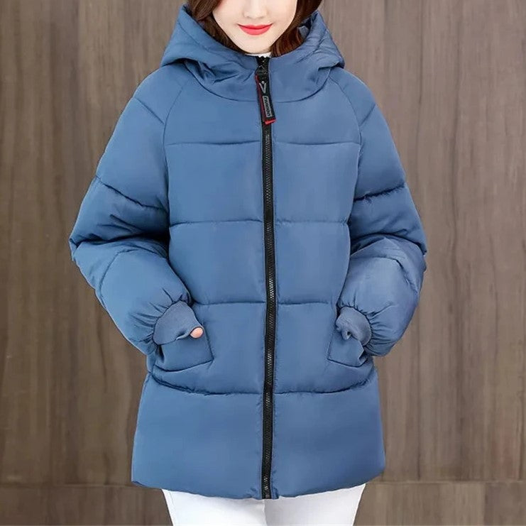 Cozy ladies' hooded winter coat, oversized fit, padded for superior warmth & comfort.