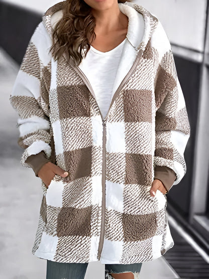 Stylish women's plaid oversized hoodie, a versatile loose overcoat for casual and cozy layering.