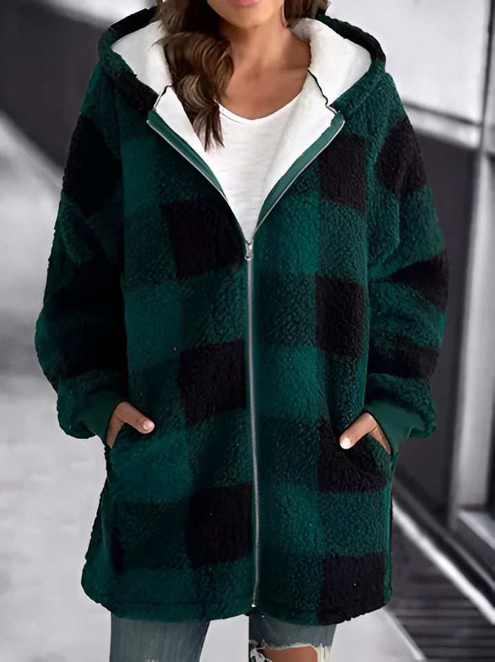 Classic plaid pattern women's oversized hoodie. A warm, loose overcoat for comfortable casual style.