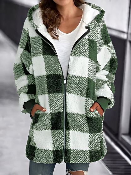 Long sleeve women's plaid oversized hoodie. A comfortable loose overcoat for casual wear and layering.