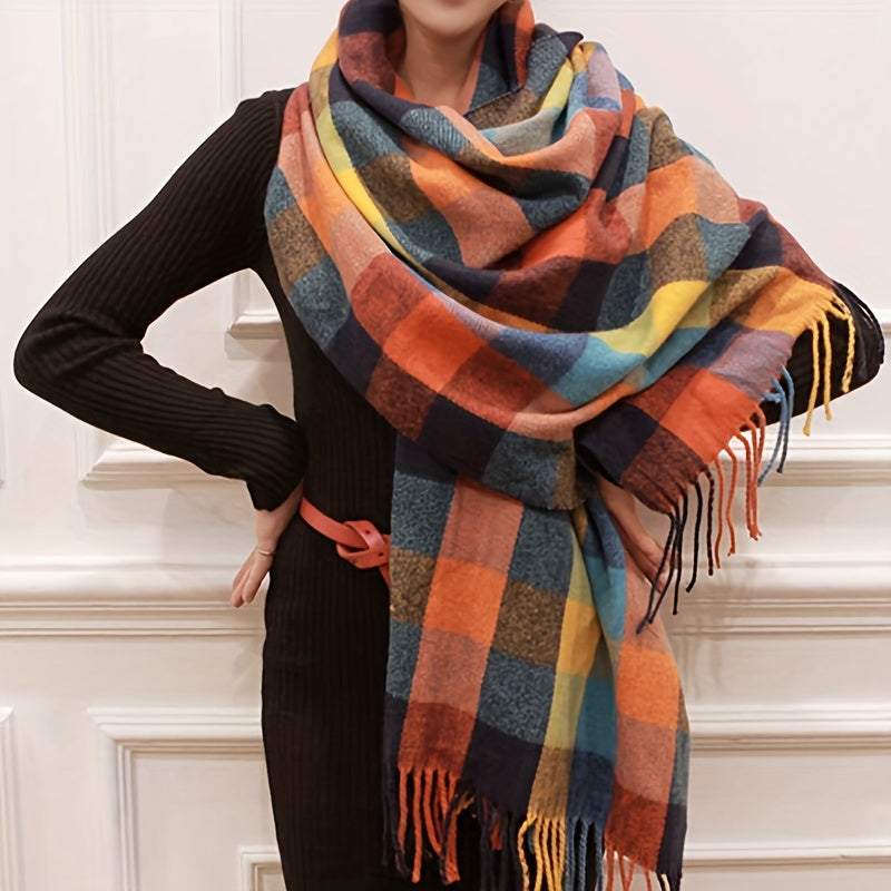 Women's oversized plaid scarf with tassels, a cozy fall and winter fashion accessory, elegant and warm.
