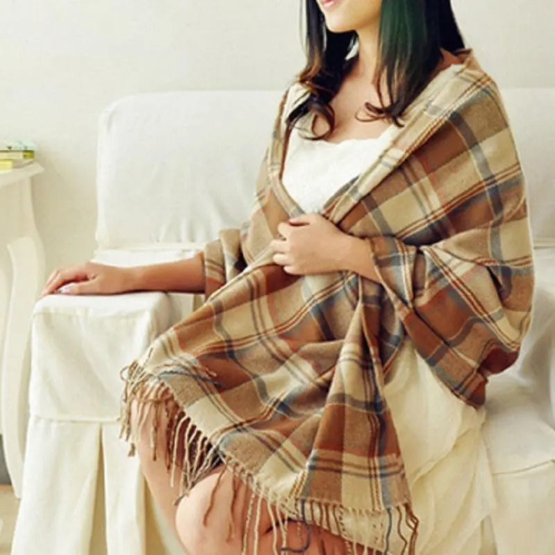 Elegant women's plaid oversized shawl wrap with tassels, a classic winter fashion accessory and perfect gift for her.