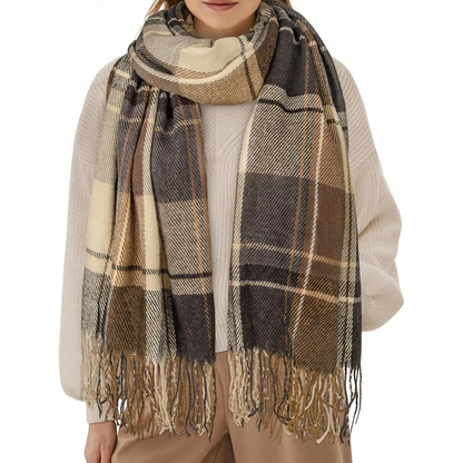Warm women's checked pattern oversized scarf, soft touch winter accessory.
