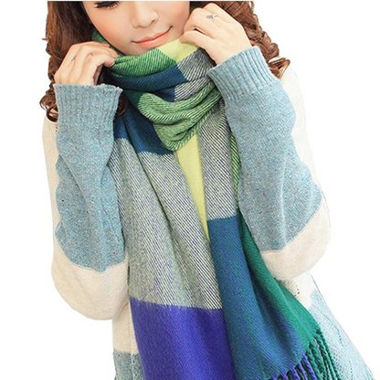 Stylish women's oversized plaid winter scarf, warm, fashionable, and soft.