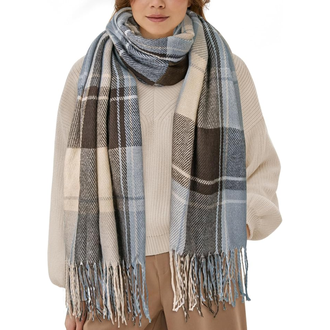 Women's soft touch oversized plaid winter scarf, elegant & warm for cold weather.