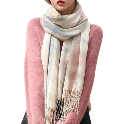 Oversized plaid winter scarf, women's cozy fashion wrap with a classic design.