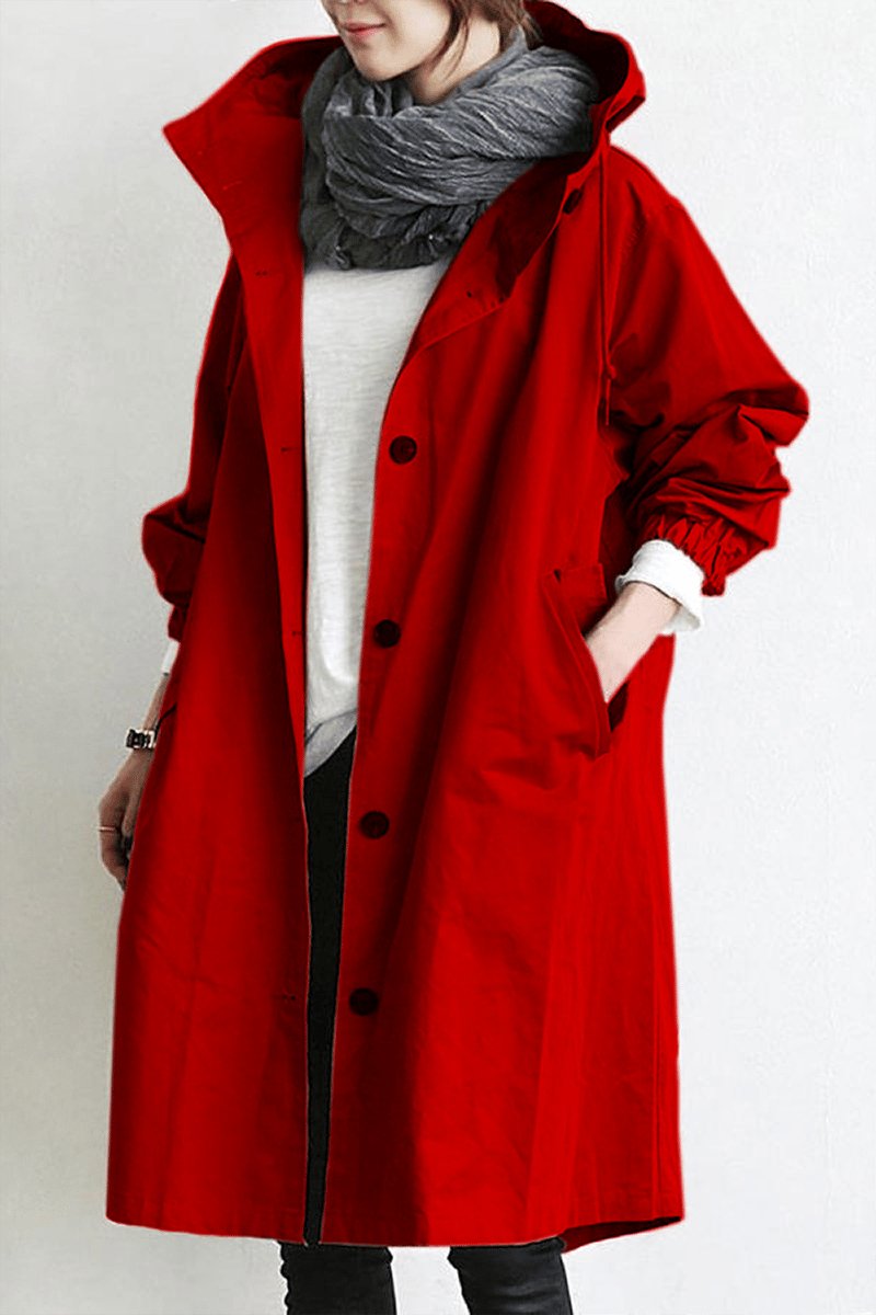 Long women's water resistant oversized trench coat. Perfect rain jacket and elegant fall outerwear.
