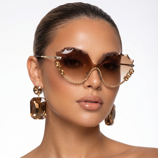 Women's oversized rimless sunglasses with UV protection, chic and lightweight fashion eyewear.