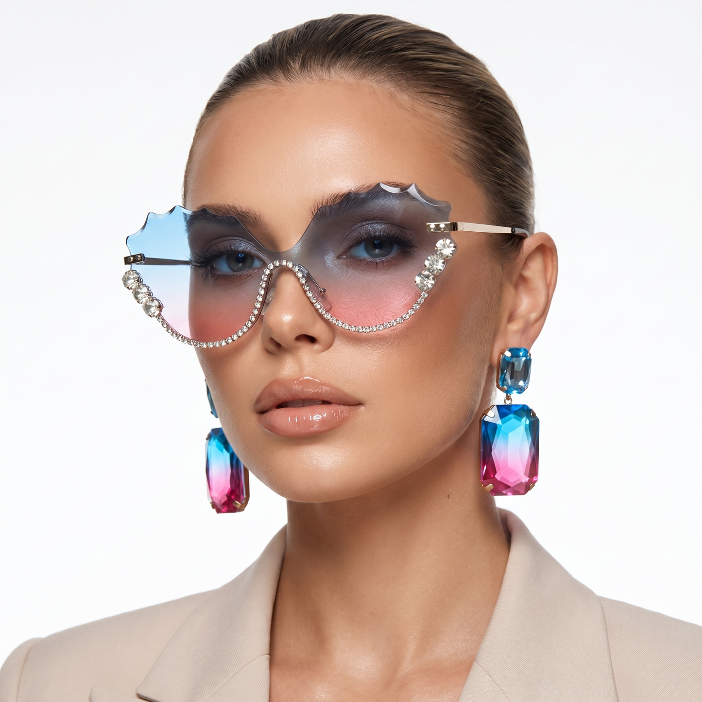 Stylish oversized rimless UV protection sunglasses for women, a perfect travel essential & chic accessory.