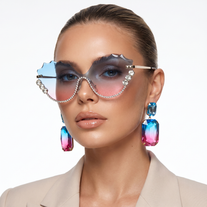 Stylish oversized rimless UV protection sunglasses for women, a perfect travel essential & chic accessory.