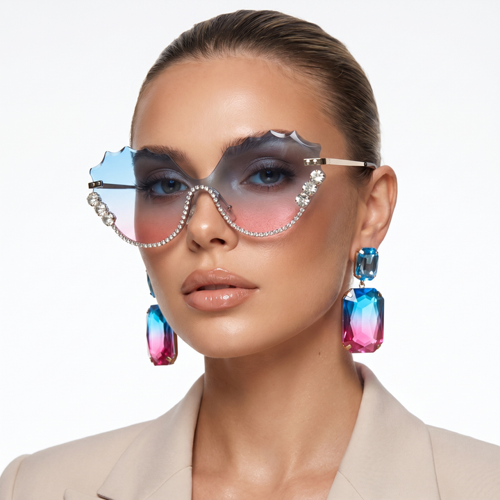 Stylish oversized rimless UV protection sunglasses for women, a perfect travel essential & chic accessory.