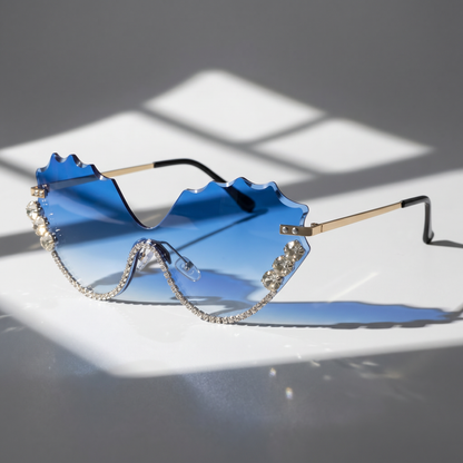 Elegant oversized rimless sunglasses for women, a chic accessory with UV protection & modern design.