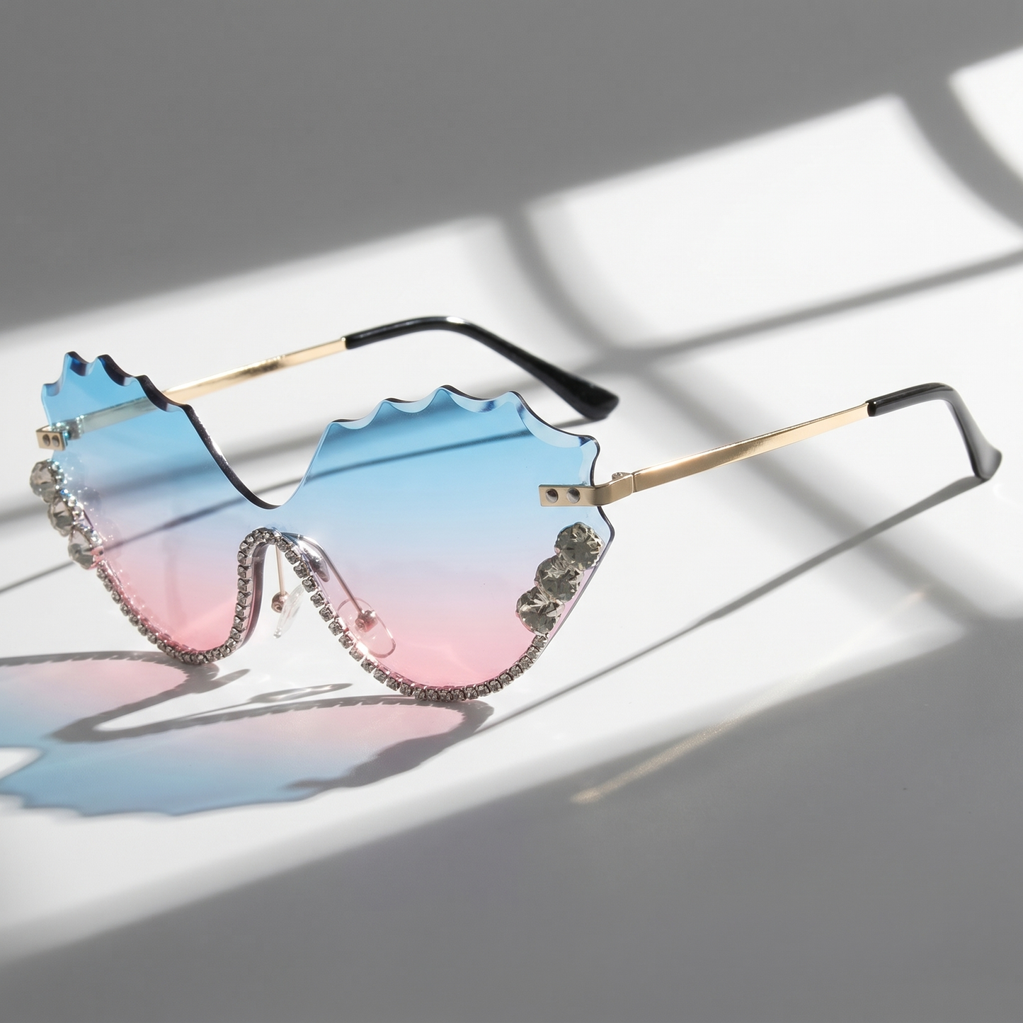 Women's oversized rimless sunglasses, UV protection, lightweight alloy frame, and stylish for daily wear.