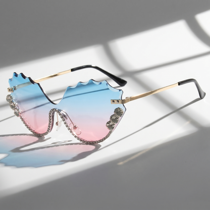 Women's oversized rimless sunglasses, UV protection, lightweight alloy frame, and stylish for daily wear.