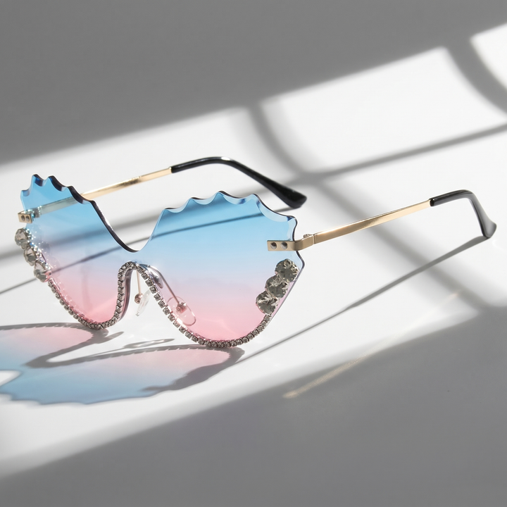 Women's oversized rimless sunglasses, UV protection, lightweight alloy frame, and stylish for daily wear.