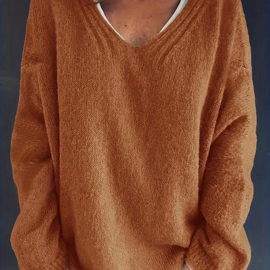 Women's oversized V-neck sweater for fall. Plus size, long sleeve, cozy & stylish.