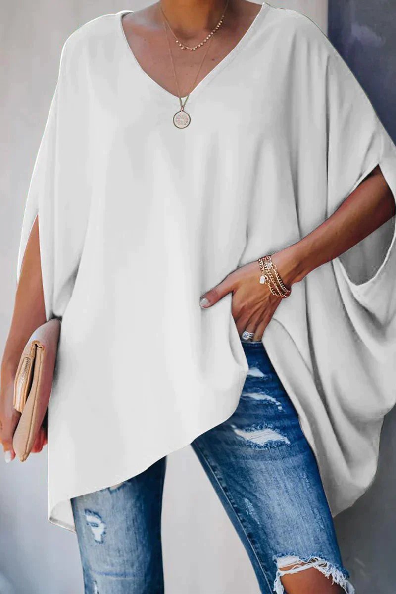 Soft, comfortable women's oversized batwing sleeve tunic top with a flattering V-neck.