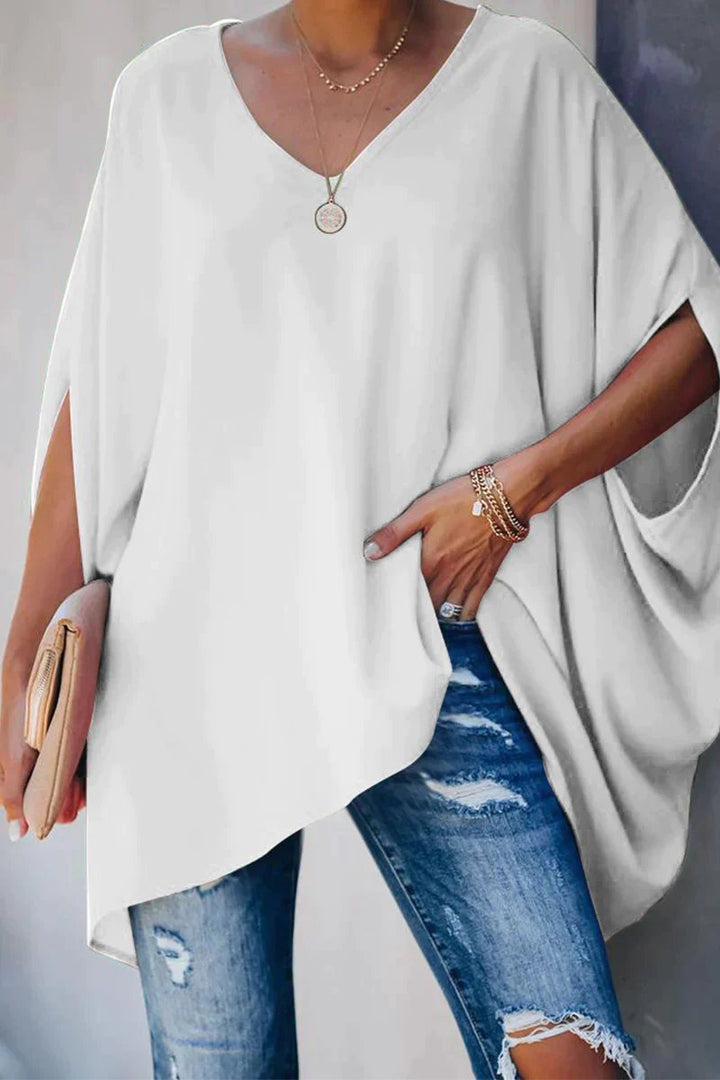 Soft, comfortable women's oversized batwing sleeve tunic top with a flattering V-neck.
