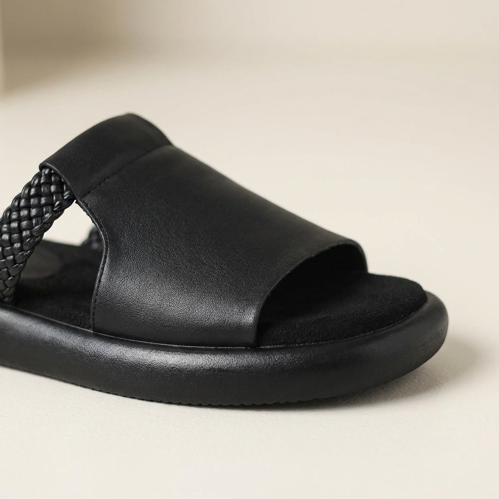 Stylish women's open-toe slip-on flat slides, ideal for comfortable walking and elegant summer fashion.