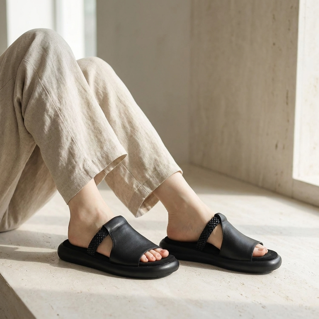 Elegant women's Palermo open-toe flat slides, versatile slip-on footwear for spring, summer, and casual wear.
