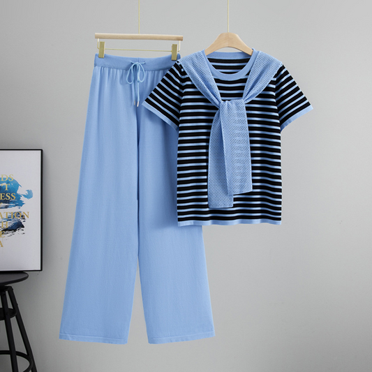 Women's Parisian chic Breton stripe lounge set, comfortable cotton blend two-piece with wide-leg pants.