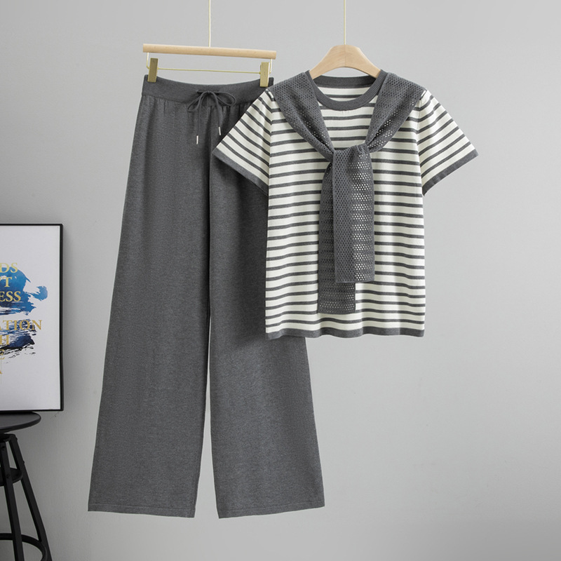 Chic women's Breton stripe cotton blend lounge set, versatile two-piece with comfortable wide-leg pants.