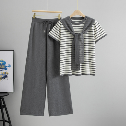 Chic women's Breton stripe cotton blend lounge set, versatile two-piece with comfortable wide-leg pants.