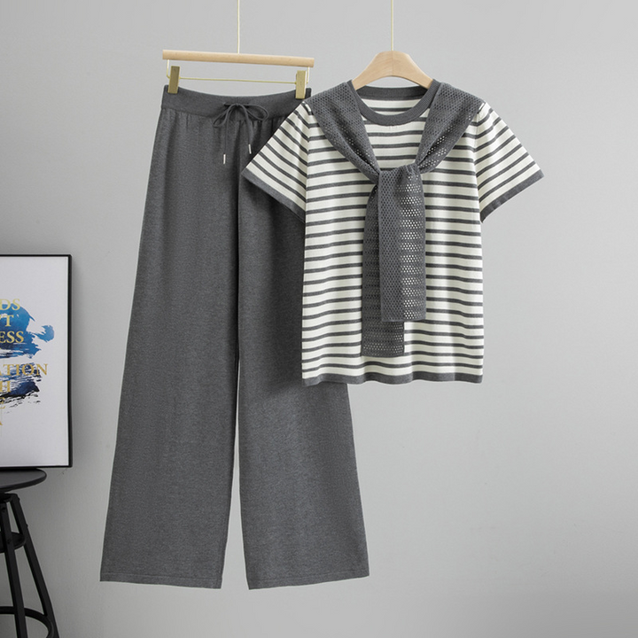 Chic women's Breton stripe cotton blend lounge set, versatile two-piece with comfortable wide-leg pants.