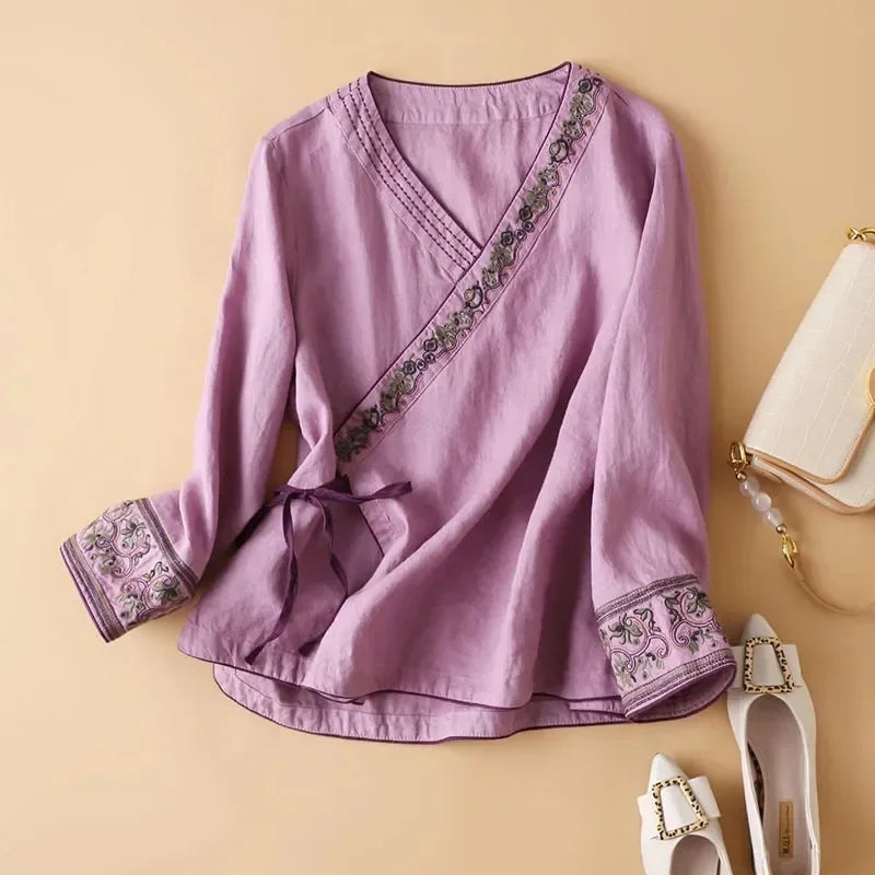 Embroidered pink patterned women's blouse, relaxed fit, V-neck. Elegant & chic.